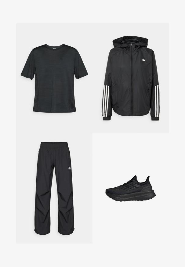Casaco leve preto com capuz, apresentando um fecho de correr na frente, punhos elásticos e detalhes em branco com três riscas nas mangas.; Camiseta atlética preta de mangas curtas, feita de um tecido leve e que absorve a humidade. Apresenta um decote redondo e um pequeno logotipo no peito.; Calças pretas, leves e à prova d'água, com cintura elástica, bolsos laterais e punhos ajustáveis. Apresenta um logótipo branco na coxa esquerda.; Sapatilhas desportivas pretas com um superior de malha texturizada, riscas refletoras de três tons e uma sola grossa e almofadada preta rotulada como "LIGHT BOOST".