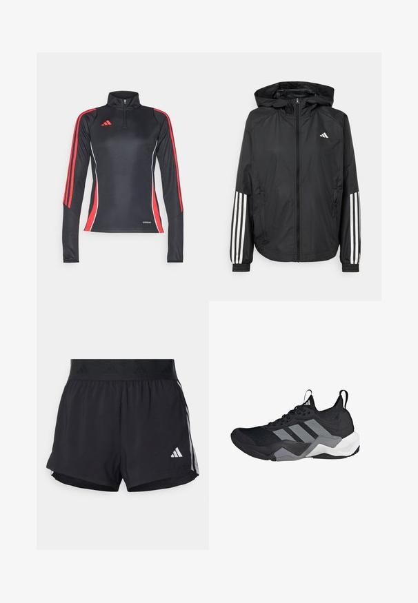 Giacca leggera nera con cappuccio, caratterizzata da una zip frontale completa, polsini elastici e accenti bianchi a tre strisce sulle maniche.; Maglia sportiva nera a maniche lunghe con strisce laterali rosse, colletto con zip a metà e dettagli bianchi. Etichetta "AEROREADY" sull'orlo.; Pantaloni sportivi neri con cintura elasticizzata, dotati di una banda testurizzata, strisce laterali e un logo Adidas bianco sull'orlo inferiore.; Scarpa sportiva nera con una tomaia in mesh traspirante, dettagli grigi, suola texturizzata e tre strisce distintive di lato.