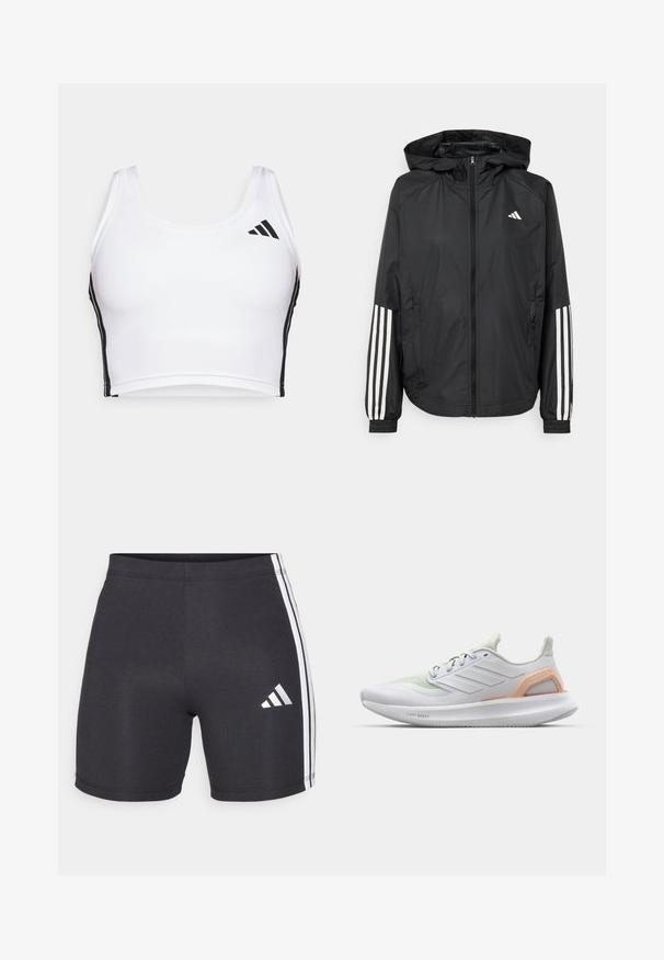 Čierna ľahká bunda s kapucňou, s celoprsným zipsom, elastickými manžetami a bielymi trojprúžkovými akcentmi na rukávoch.; Biely športový crop top vyrobený z textúrovanej látky, s čiernymi bočnými pruhmi a čiernym logom na ľavom hornom kraji. Klasický dizajn s širokými ramienkami.; Čierne športové šortky vyrobené z elastického materiálu, s bielymi bočnými pruhmi a logom Adidas na dolnej pravej nohe. Hladká textura.; Biele športové topánky s jemne zelenými akcentmi, vrchný diel z priedušnej sieťoviny, gumová podrážka a textúrované detaily. Na boku sú umiestnené značky "LIGHT BOOST".