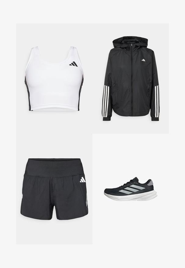Black lightweight jacket with a hood, featuring a full zip front, elastic cuffs, and white three-stripe accents on sleeves.; White sports crop top made of textured fabric, featuring black side stripes and a black logo on the upper left. Classic design with wide straps.; Black athletic shorts featuring a wide elastic waistband, lightweight fabric, and white logo accents on the lower side.; Black running shoe with mesh upper, three silver stripes, white midsole, and textured outsole. Features padded collar and lace closure.