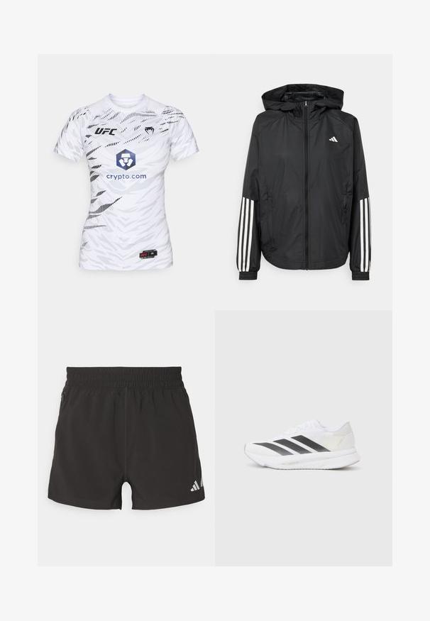 Mustikas kerge jope kapuutsiga, eesmise täispika zipiga, elastsete varrukate ja valgete kolme triibu aktsentidega varrukatel.; Valge lühikeste varrukatega spordisärk geomeetrilise mustriga. Omab UFC logo, sinist kuuekandilist graafikat tekstiga "crypto.com" ja musti aktsente.; Mustad mustriga mustad lühikesed püksid, mis on valmistatud kergest kangast. Omavad elastset vöökohta, külgmist tõmblukuga taskut ja peegeldavat logo põlves.; Valged sportlikud jalanõud mustade diagonaalsete triipudega, võrkkattega, ümarate varvastega ja tekstuurse tallaga. Aktsentideks on hõbedane kand ja minimalistlik disain.