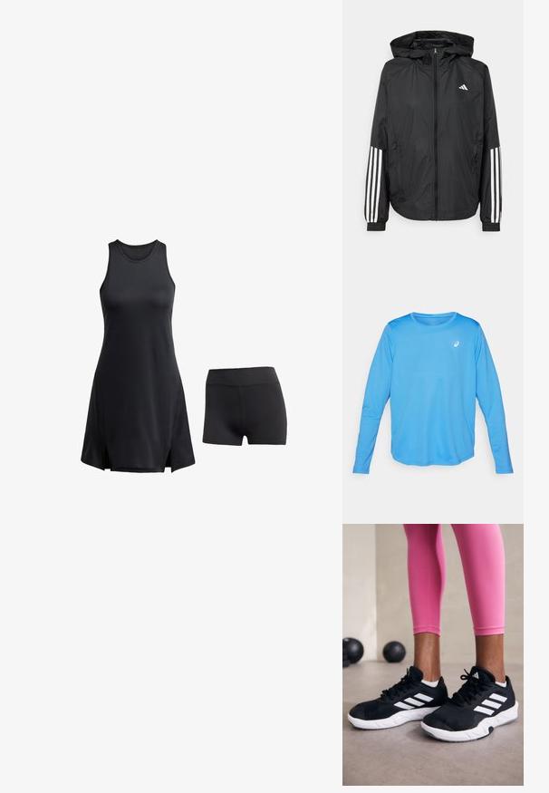 Giacca leggera nera con cappuccio, caratterizzata da una zip frontale completa, polsini elastici e accenti bianchi a tre strisce sulle maniche.; Maglietta atletica a maniche lunghe di colore blu brillante. Realizzata in un tessuto liscio e leggero con scollatura rotonda e un piccolo logo bianco.; Abito sportivo nero con design senza maniche, caratterizzato da spacchi laterali, abbinato a pantaloni corti neri coordinati. Realizzato in un tessuto morbido ed elastico.; Scarpe da ginnastica nere con strisce bianche, parte superiore in mesh testurizzato e suola bianca. Indossate con leggings rosa, a mostrare abbigliamento per l'allenamento.