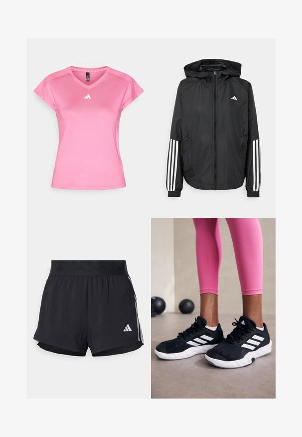 Černá lehká bunda s kapucí, která má plný zip vpředu, elastické manžety a bílé třípruhové akcenty na rukávech.; Růžový sportovní krátký rukáv top s výstřihem do V, vyrobený z lehkého syntetického materiálu. Na hrudi má bílou logu a vzorovaný lem kolem krku.; Černé sportovní šortky s elastickým pasem, s texturovaným páskem, bočními pruhy a bílým logem Adidas na dolním lemu.; Černé sportovní boty s bílými pruhy, texturovaný síťovinový svršek a bílá podrážka. Nosené s růžovými legínami, které předvádějí tréninkové oblečení.