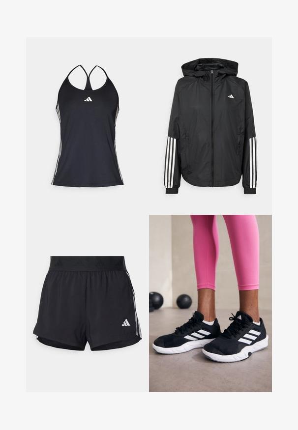 Chaqueta ligera negra con capucha, que cuenta con un cierre frontal de cremallera completa, puños elásticos y acentos blancos de tres rayas en las mangas.; Top sin mangas negro para actividades deportivas, hecho de una tela suave. Presenta tirantes finos y franjas laterales blancas, con un pequeño logo blanco en la parte delantera.; Pantalones cortos deportivos negros con una cintura elástica, que presentan una banda texturizada, rayas laterales y un logo blanco de Adidas en el dobladillo inferior.; Zapatillas deportivas negras con rayas blancas, parte superior de malla texturizada y suela blanca. Combinadas con leggings rosa, exhibiendo ropa de entrenamiento.