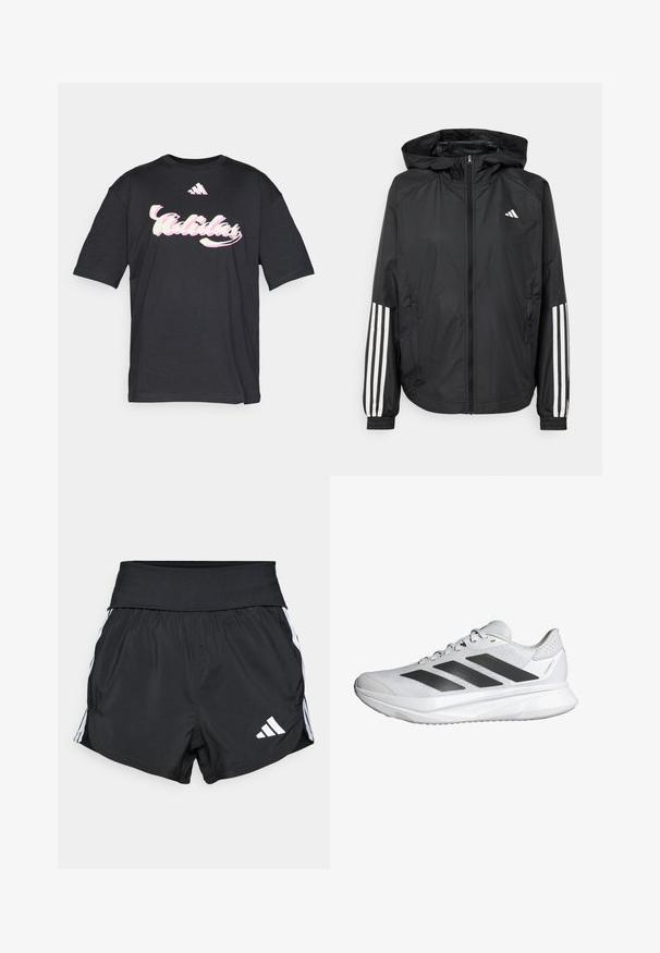 Black lightweight jacket with a hood, featuring a full zip front, elastic cuffs, and white three-stripe accents on sleeves.; Black cotton t-shirt featuring a large pink and white "Adidas" logo and an adidas three stripes emblem on the chest. Short sleeves.; Black athletic shorts made of lightweight material, featuring a wide waistband, white side stripes, and a small white logo on the lower hem.; White athletic shoe with a breathable mesh upper, three black stripes, lightweight sole, and textured accents on the heel for support.