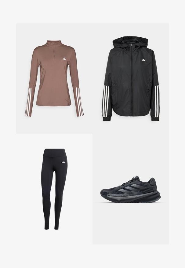 Zwarte lichtgewicht jas met een capuchon, met een volledige ritssluiting aan de voorkant, elastische manchetten en witte accenten met drie strepen op de mouwen.; Bruin, lange mouwen sporttop met een halve rits, met witte drie-streep accenten op de mouwen en een klein wit logo op de borst.; Zwarte leggings van rekbaar materiaal, met een hoge tailleband en een klein wit logo, met een zachte, matte afwerking.; Zwarte sportieve schoen met een gestructureerde mesh bovenkant, reflecterende accenten, een gevoerde zool en een gestroomlijnd ontwerp. Beschikt over het logo met drie strepen.