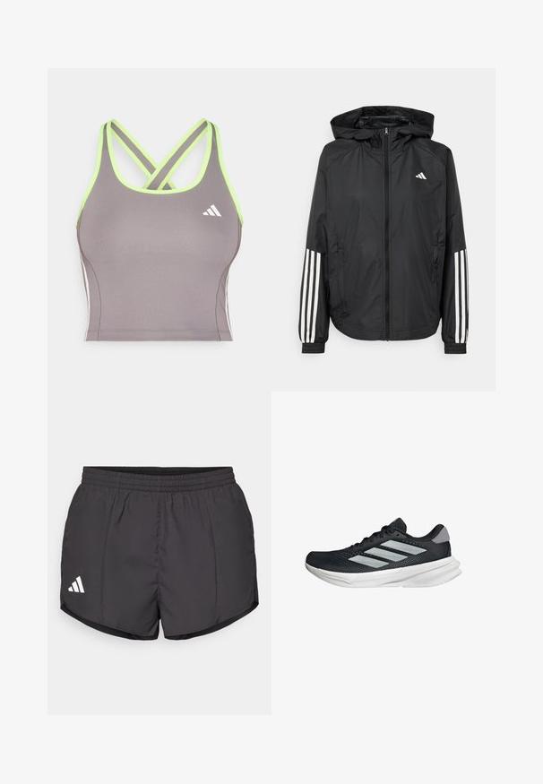 Veste légère noire avec capuche, dotée d'une fermeture à glissière intégrale, de poignets élastiques et d'accents blancs à trois rayures sur les manches.; Débardeur de sport gris avec des bretelles croisées vert citron, arborant un logo Adidas blanc et une coupe ajustée. Texture lisse.; Shorts de sport noirs en tissu léger, dotés d'une taille élastique et d'un logo Adidas blanc en bas à gauche.; Baskets de course noires avec tige en mesh, trois rayures argentées, semelle intermédiaire blanche et semelle extérieure texturée. Comprend un col rembourré et un système de laçage.