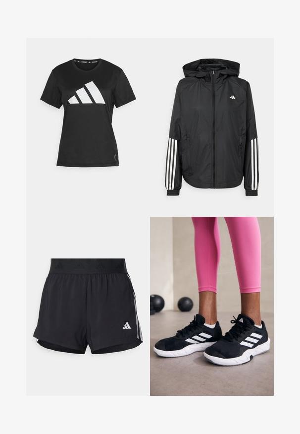 Mustikas kerge jope kapuutsiga, eesmise täispika zipiga, elastsete varrukate ja valgete kolme triibu aktsentidega varrukatel.; Must värvi sporditeemaline t-särk, valmistatud siledast kangast, millel on ees suur valge kolme riba logo ja siltide detailid allservas.; Musta sportlikud lühikesed püksid elastse vöökohtaga, millel on tekstuuriga riba, külgmised triibud ja alumises servas valge Adidas'i logo.; Mustad must sportlikud jalanõud valgete triipudega, tekstureeritud võrkkattega ülemine osa ja valge tallaga. Kombineeritud roosade retuusidega, tutvustades treeningriideid.