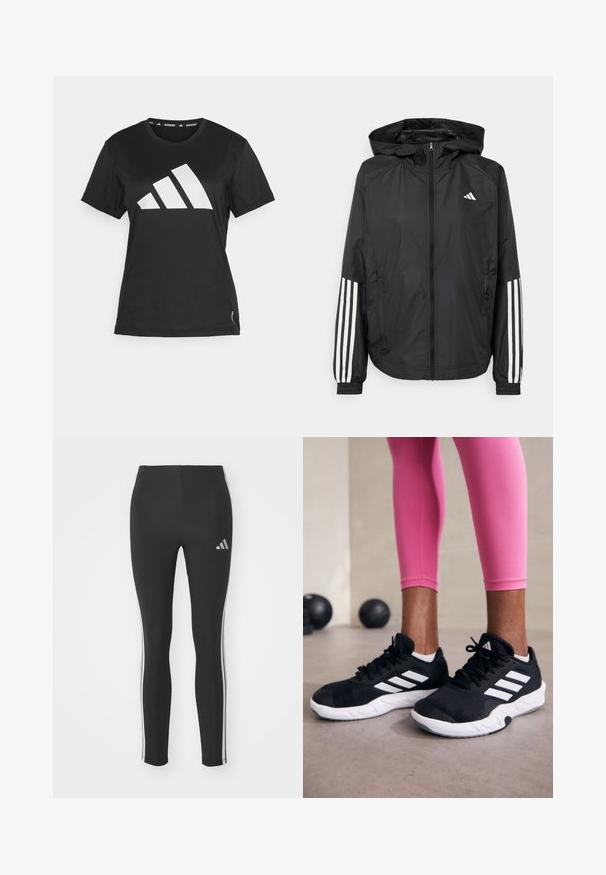 Black lightweight jacket with a hood, featuring a full zip front, elastic cuffs, and white three-stripe accents on sleeves.; Black athletic t-shirt made of a smooth fabric, featuring a large white three-stripe logo on the front and tag detailing at the hem.; Black leggings made of stretchy material with white side stripes and a small reflective logo on the upper left side.; Black athletic shoes with white stripes, textured mesh upper, and a white sole. Worn with pink leggings, showcasing training apparel.