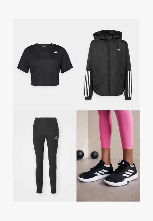 Fekete, könnyű dzseki kapucnival, teljes cipzárral, elasztikus mandzsettákkal és fehér, háromcsíkkal díszített ujjakon.; Fekete, rövid ujjú, sima anyagból készült cropped t-shirt. A felső részén körkivágott nyak található, és az elülső bal oldalon egy kis fehér logo díszíti.; Fekete leggings rugalmas anyagból, fehér oldalsávokkal és egy kis fényvisszaverő logóval a bal felső oldalon.; Fekete sportcipők fehér csíkokkal, texturált hálós felsőrésszel és fehér talppal. Rózsaszín leggings-szel viselve, bemutatva az edzőruhákat.
