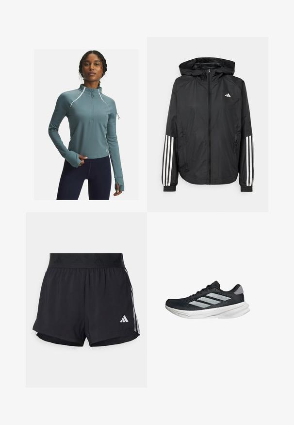 Black lightweight jacket with a hood, featuring a full zip front, elastic cuffs, and white three-stripe accents on sleeves.; Teal athletic pullover with half-zip, collar, and long sleeves. Textured sleeve cuffs and reflective accents enhance visibility and style.; Black athletic shorts with an elastic waistband, featuring a textured band, side stripes, and a white Adidas logo on the lower hem.; Black running shoe with mesh upper, three silver stripes, white midsole, and textured outsole. Features padded collar and lace closure.