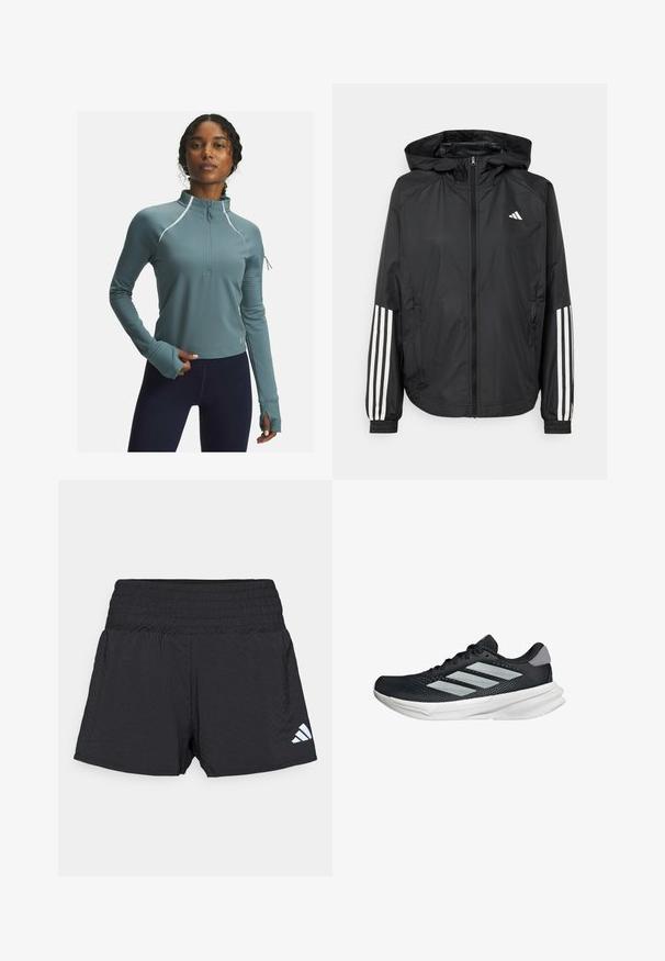 Giacca leggera nera con cappuccio, caratterizzata da una zip frontale completa, polsini elastici e accenti bianchi a tre strisce sulle maniche.; Pullover sportivo in teal con zip a metà, colletto e maniche lunghe. Le maniche presentano polsini testurizzati e dettagli riflettenti che migliorano la visibilità e lo stile.; Pantaloncini sportivi neri con fascia elastica in vita e tessuto strutturato. Presentano un logo bianco sul lato destro inferiore.; Scarpa da corsa nera con tomaia in mesh, tre strisce argentate, intersuola bianca e suola testurizzata. Presenta un colletto imbottito e chiusura con lacci.