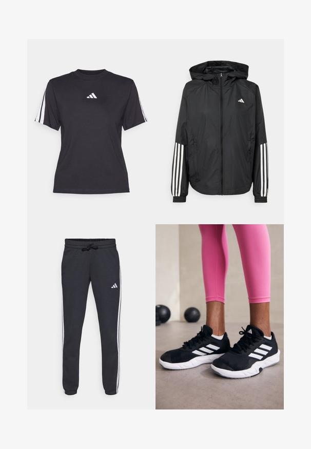 Melnā vieglā jaka ar kapuci, ar pilnu rāvējslēdzēju priekšā, elastīgām aprocēm un baltām trīs svītru akcentiem uz piedurknēm.; Melnā sporta krekls, izgatavots no mīkstas auduma, ar apaļu kakla izgriezumu, īsām piedurknēm un trim baltām svītrām uz katra pleca. Balts logo uz krūšu daļas.; Jūras spēku sporta bikses, kas izgatavotas no mīksta auduma, ar baltām sānu svītrām, regulējamu jostas vietu ar auklu un mazu logotipu kreisajā augšstilbā.; Melnas sporta kurpes ar baltām svītrām, teksturēta sieta augšdaļa un balta zole. Nēsātas ar rozā legingiem, demonstrējot treniņu apģērbu.