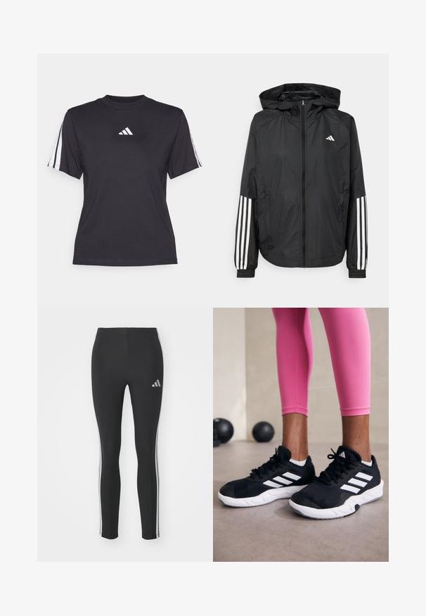 Czarna, lekka kurtka z kapturem, z pełnym zapięciem na zamek, elastycznymi mankietami i białymi, trzema paskami na rękawach.; Czarny sportowy t-shirt z miękkiego materiału, z okrągłym dekoltem, krótkimi rękawami i trzema białymi paskami na każdym ramieniu. Białe logo na klatce piersiowej.; Czarne legginsy wykonane z elastycznego materiału, z białymi paskami po bokach i małym, odblaskowym logo na górnej lewej stronie.; Czarne sportowe buty z białymi paskami, teksturowana siateczkowa cholewka i biała podeszwa. Nosi je osoba w różowych legginsach, prezentując odzież treningową.