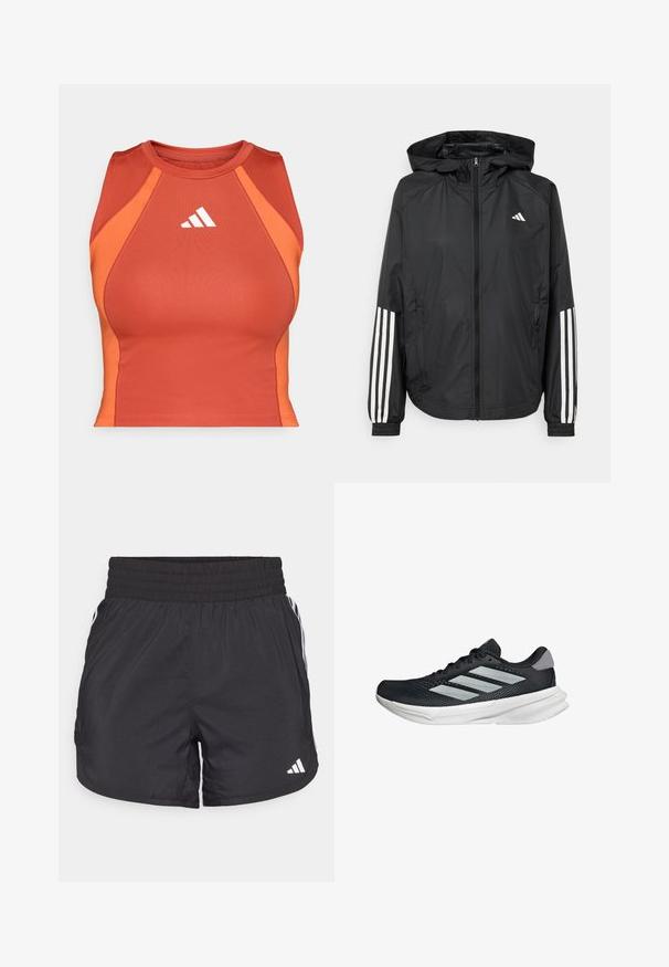 Czarna, lekka kurtka z kapturem, z pełnym zapięciem na zamek, elastycznymi mankietami i białymi, trzema paskami na rękawach.; Pomarańczowy sportowy top typu crop wykonany z gładkiego, elastycznego materiału. Posiada plecy w stylu racerback oraz biały logo z przodu.; Czarne spodenki sportowe z elastycznym paskiem w talii, bocznymi kieszeniami oraz białymi akcentami wzdłuż boków. Wykonane z lekkiego materiału.; Czarny but biegowy z siateczkowym wierzchem, trzema srebrnymi paskami, białą podeszwą środkową i teksturowaną podeszwą zewnętrzną. Posiada wyściełany kołnierz i zapięcie na sznurówki.