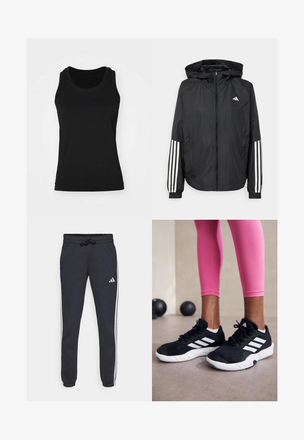 Casaco leve preto com capuz, apresentando um fecho de correr na frente, punhos elásticos e detalhes em branco com três riscas nas mangas.; Top atlético preto sem mangas, com decote redondo, design sem mangas e tecido liso e respirável, com uma silhueta ajustada.; Calças de desporto em azul-marinho, feitas de tecido suave, com riscas brancas nas laterais, uma cintura ajustável com cordão e um pequeno logo na coxa esquerda.; Sapatos de treino pretos com riscas brancas, parte superior em malha texturizada e sola branca. Usados com leggings cor-de-rosa, destacando roupa de treino.