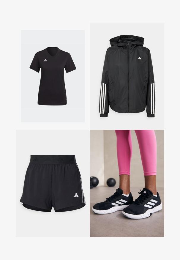 Casaco leve preto com capuz, apresentando um fecho de correr na frente, punhos elásticos e detalhes em branco com três riscas nas mangas.; T-shirt Adidas preto com design em V, mangas curtas e um logótipo branco na área do peito esquerdo. Feito de tecido suave.; Calções de atletismo pretos com um cós elástico, apresentando uma faixa texturizada, riscas laterais e um logo branco da Adidas na bainha inferior.; Sapatos de treino pretos com riscas brancas, parte superior em malha texturizada e sola branca. Usados com leggings cor-de-rosa, destacando roupa de treino.
