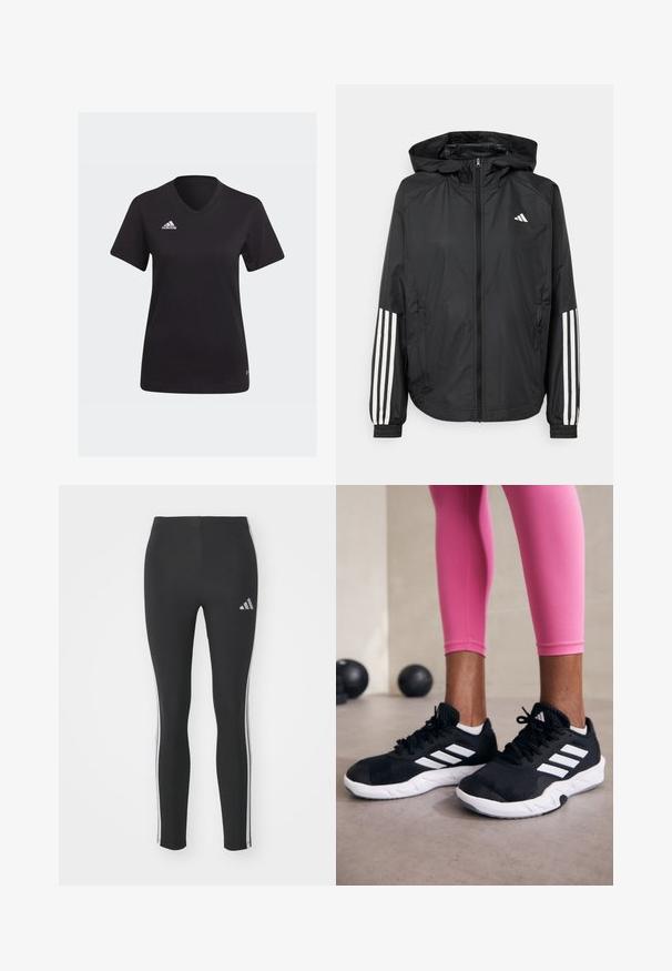 Black lightweight jacket with a hood, featuring a full zip front, elastic cuffs, and white three-stripe accents on sleeves.; Black Adidas t-shirt featuring a V-neck design, short sleeves, and a white logo on the left chest area. Made from soft fabric.; Black leggings made of stretchy material with white side stripes and a small reflective logo on the upper left side.; Black athletic shoes with white stripes, textured mesh upper, and a white sole. Worn with pink leggings, showcasing training apparel.