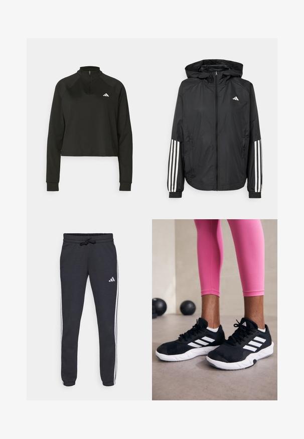 Chaqueta ligera negra con capucha, que cuenta con un cierre frontal de cremallera completa, puños elásticos y acentos blancos de tres rayas en las mangas.; Sudadera negra de media cremallera hecha de tela suave, con mangas largas, que cuenta con un cuello alto y un logo blanco en el lado izquierdo del pecho.; Pantalones de chándal navy hechos de una tela suave, con rayas laterales blancas, un cinturón ajustable con cordón y un pequeño logo en el muslo izquierdo.; Zapatillas deportivas negras con rayas blancas, parte superior de malla texturizada y suela blanca. Combinadas con leggings rosa, exhibiendo ropa de entrenamiento.