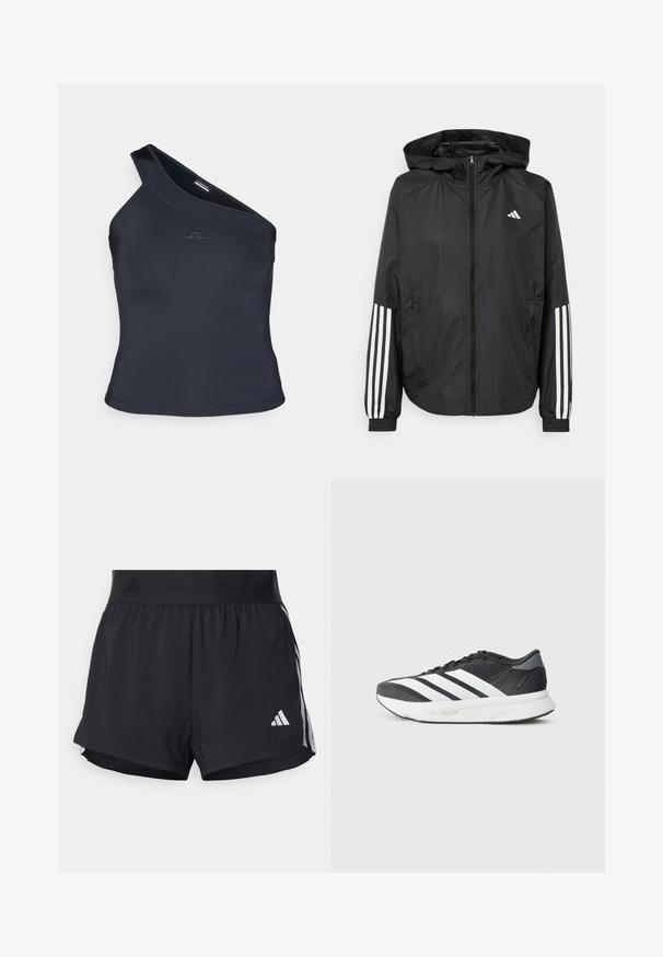 Črna lahka jakna s kapuco, z polnim zadrgo spredaj, elastikami na zapestjih in belimi tridelnimi poudarki na rokavih.; Asimetrična top z enim ramenom v temno mornariški modri barvi, ki se ponaša s prilegajočim dizajnom in gladko teksturo, ter z diskretnim logotipom spredaj.; Črne atletske kratke hlače z elastičnim pasom, ki vsebuje teksturirano obrobo, stranske črte in belo Adidasovo logotip na spodnjem robu.; Črne športne čevlje z belimi črtami, mrežastim zgornjim delom, oblazinjeno podplatom in elegantnim dizajnom. Sivi akcenti na peti in jezik.