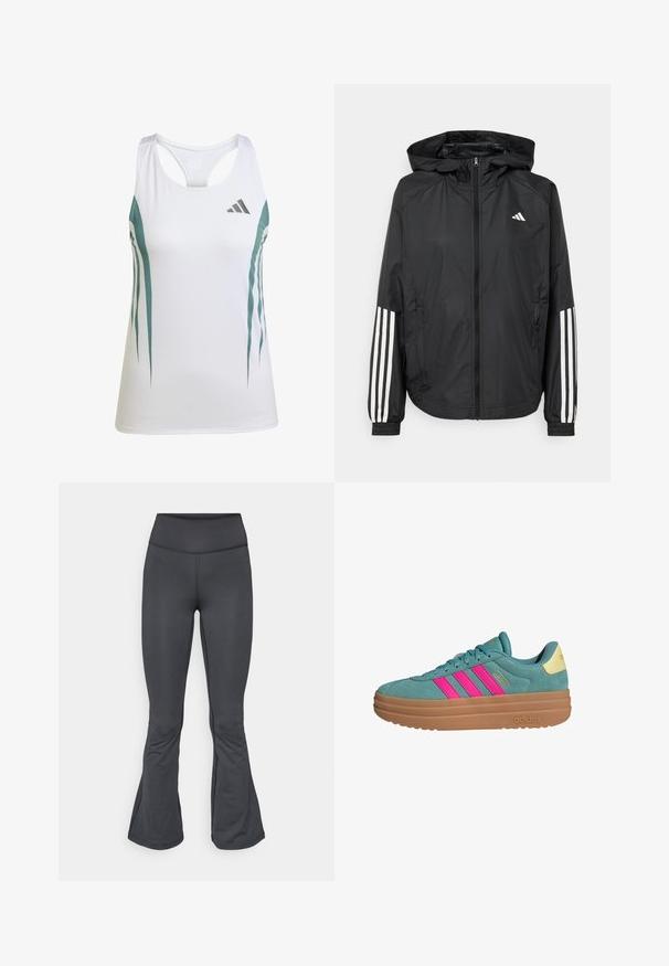 Svart lätt jacka med huva, som har full dragkedja framtill, elastiska ärmslut och vita tre-stripes accenter på ärmarna.; Vit sporttopp med turkosa detaljer och ett geometriskt mönster. Har en racerback-design och ett lätt, texturerat tyg.; Grå leggings med en utsvängd design i nederkant, tillverkade av slätt, stretchigt material, med hög midja och sömlös konstruktion.; Blå mockaskor med rosa tre ränder, gummisole och en ljusgul accent vid hälen. Har en platt design och rund tå.