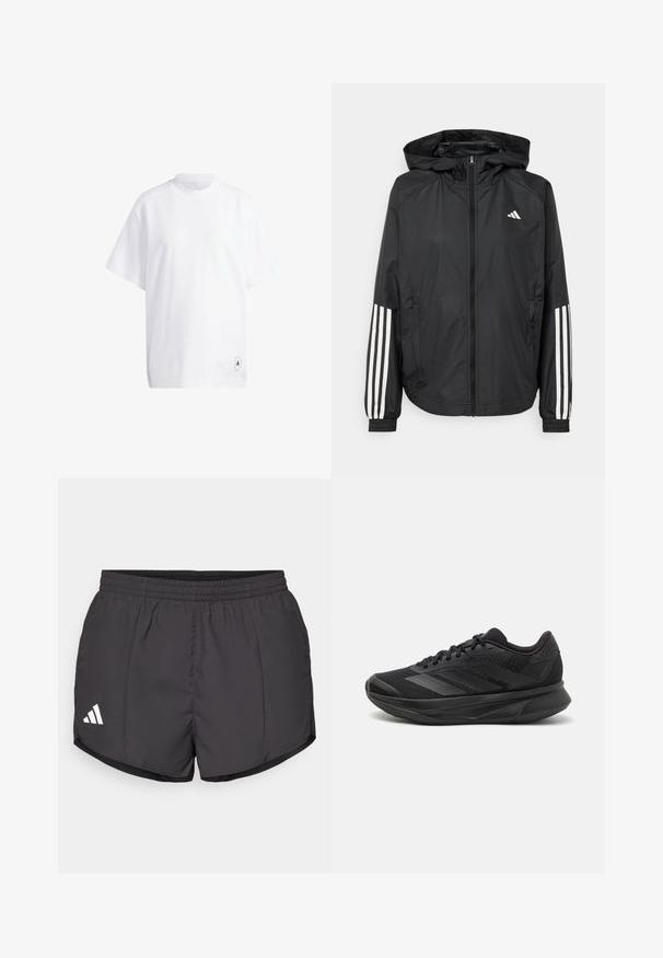 Svart lätt jacka med huva, som har full dragkedja framtill, elastiska ärmslut och vita tre-stripes accenter på ärmarna.; Vit bomullströja med korta ärmar, rund hals och avslappnad passform. Anmärkningsvärd detalj: liten svart grafisk logotyp på fållen.; Svarta idrottsshorts i lätt material, med elastisk midja och en vit Adidas-logotyp på nedre vänstra sidan.; Svart löparskor med ett andningsbart mesh-övre, rund tå, elegant design, texturerade accenter och en dämpad sula för komfort.
