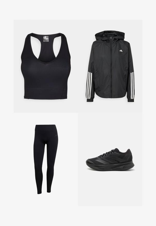 Černá lehká bunda s kapucí, která má plný zip vpředu, elastické manžety a bílé třípruhové akcenty na rukávech.; Černá sportovní podprsenka s výstřihem do V a designem racerek. Vyrobená z hladké, pružné tkaniny s plochými švy pro pohodlí a podporu.; Černé sportovní legíny vyrobené z elastického materiálu, s vysokým pasem, přiléhavým střihem a ribovanými manžetami na kotnících. Discrete logo značky.; Černé běžecké boty s prodyšným síťovaným svrškem, kulatou špičkou, elegantním designem, texturovanými detaily a polstrovanou podrážkou pro pohodlí.