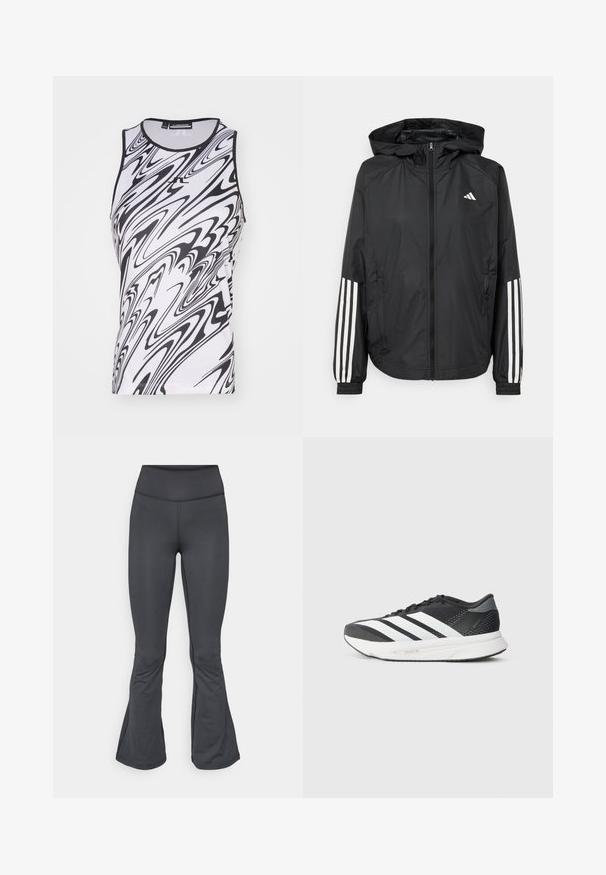 Mustikas kerge jope kapuutsiga, eesmise täispika zipiga, elastsete varrukate ja valgete kolme triibu aktsentidega varrukatel.; Särk ilma varrukat must-valges keerises, valmistatud kerge kangaga, ümmarguse kaelaaugu ja mugavate lamedate õmblustega.; Hallideg pinguldavad leggingsid, millel on pikendatud alumine osa, valmistatud siledast ja venivast materjalist, kõrgema vöökoha ja õmblusteta konstruktsiooniga.; Mustvalge sportlik king, millel on valged triibud, võrgusilmast ülemine osa, pehmendusega tald ja voolujooneline disain. Hallid aktsendid kandadel ja keelega.