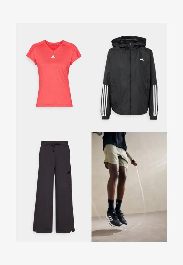 Čierna ľahká bunda s kapucňou, s celoprsným zipsom, elastickými manžetami a bielymi trojprúžkovými akcentmi na rukávoch.; Červené športové tričko s krátkymi rukávmi, dizajnom do V, a bielym logom na hrudi. Vyrobené z hladkej, ľahkej tkaniny.; Čierne tepláky s voľným strihom, elastickým pásom, šnúrkou a bočnými rozparokmi na spodnej časti. Na ľavej nohe je vyobrazené čierne logo.; Čierne športové topánky s bielymi pruhmi, olivovo zelené šortky a námornícke ponožky. Skáčucie lano je v rukách jednotlivca. Nezaujímavé pozadie.