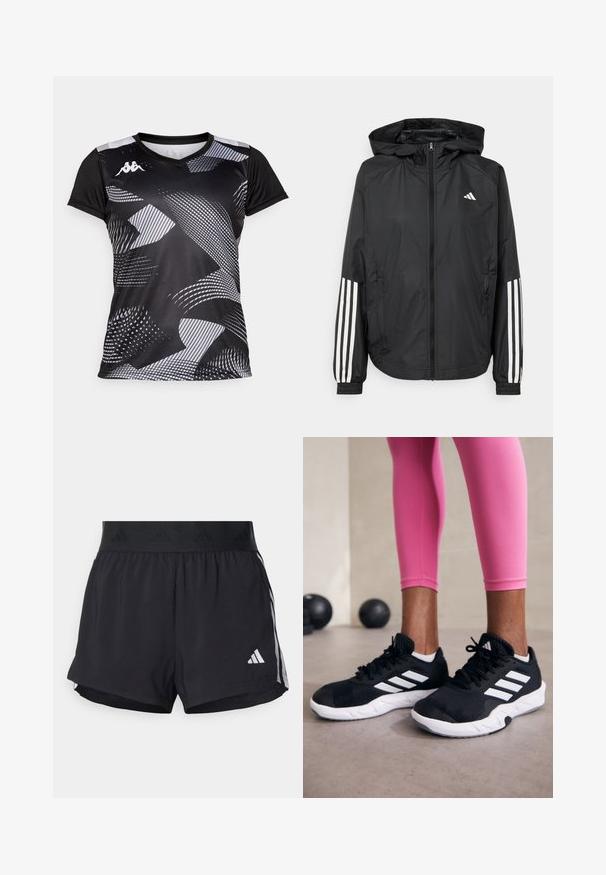 Melnā vieglā jaka ar kapuci, ar pilnu rāvējslēdzēju priekšā, elastīgām aprocēm un baltām trīs svītru akcentiem uz piedurknēm.; Melnā sporta krekls ar abstraktiem pelēkiem rakstiem. Ar īsām piedurknēm un V veida kakla izgriezumu. Izgatavots no viegla, elpojoša materiāla.; Melni sporta šorti ar elastīgu jostu, ar teksturētu joslu, sānu svītrām un baltu Adidas logo apakšējā malu.; Melnas sporta kurpes ar baltām svītrām, teksturēta sieta augšdaļa un balta zole. Nēsātas ar rozā legingiem, demonstrējot treniņu apģērbu.