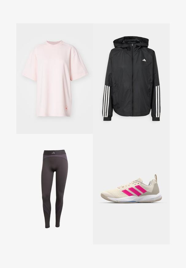 Black lightweight jacket with a hood, featuring a full zip front, elastic cuffs, and white three-stripe accents on sleeves.; adidas by Stella McCartney LOGO TEE - Print T-shirt - pink; Black high-waisted athletic leggings with darker panels on calves and waistband featuring a small Adidas logo at the center front.; Beige athletic shoe with pink three-stripe logo, textured mesh upper, padded collar, and white rubber sole, featuring "LIGHTSTRIKE" branding.
