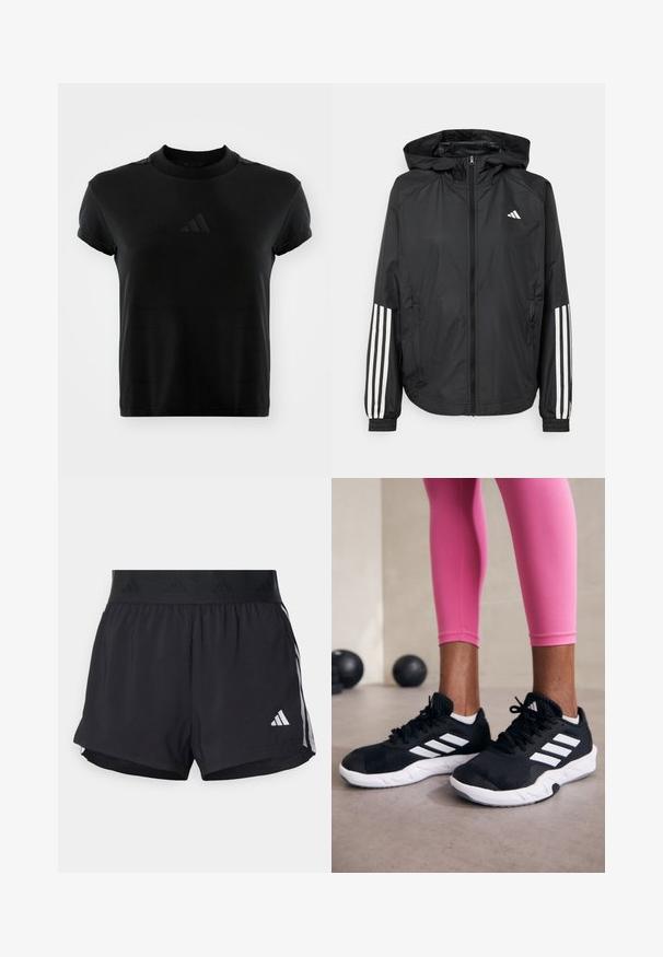 Black lightweight jacket with a hood, featuring a full zip front, elastic cuffs, and white three-stripe accents on sleeves.; Black short-sleeve t-shirt made of smooth fabric. Features a round neckline and an embossed Adidas logo on the front.; Black athletic shorts with an elastic waistband, featuring a textured band, side stripes, and a white Adidas logo on the lower hem.; Black athletic shoes with white stripes, textured mesh upper, and a white sole. Worn with pink leggings, showcasing training apparel.