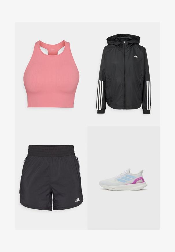 Melnā vieglā jaka ar kapuci, ar pilnu rāvējslēdzēju priekšā, elastīgām aprocēm un baltām trīs svītru akcentiem uz piedurknēm.; Rozā ribota sporta krūšturis ar augstu kakla līniju un racers muguras dizainu. Izgatavots no elastīga auduma, nodrošinot komfortu un atbalstu. Bez redzamiem piederumiem.; Melnas sporta bikses ar elastīgu jostu, sānu kabatām un baltām svītrām uz sāniem. Izgatavotas no viegla materiāla.; adidas Performance PUREBOOST 5 - Apavi skriešanai pa asfaltu - white/glow blue/purple burst