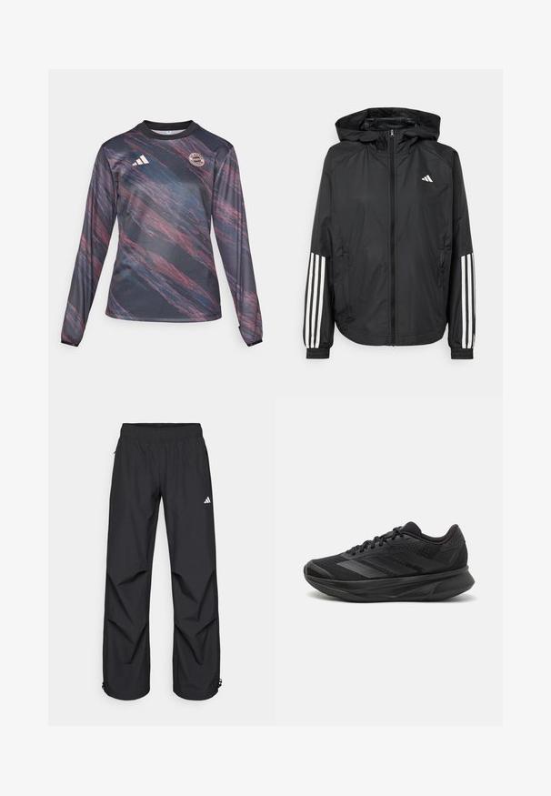 Black lightweight jacket with a hood, featuring a full zip front, elastic cuffs, and white three-stripe accents on sleeves.; Long-sleeve sports jersey made of textured black fabric with abstract red and blue patterns; features adidas logo and team emblem on chest.; Black, lightweight, waterproof pants with an elastic waistband, side pockets, and adjustable cuffs. Features a white logo on the left thigh.; Black running shoe with a breathable mesh upper, rounded toe, sleek design, textured accents, and a cushioned sole for comfort.