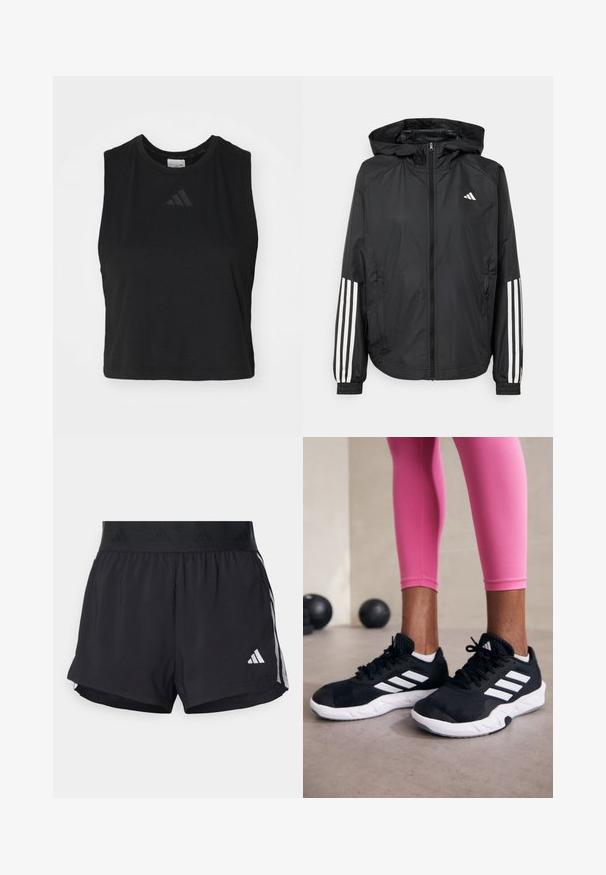 Svart lett jakke med hette, med full glidelås foran, elastiske mansjetter og hvite tre-stripes detaljer på ermene.; Svart, kortermet, ermeløs topp laget av mykt stoff, med rund halslinning og en subtil preget logo på brystet.; Sorte treningsshorts med elastisk midjebånd, med en teksturert stripe, sidestriper og hvit Adidas-logo på den nedre kanten.; Svarte treningssko med hvite striper, teksturert mesh-overdel og hvit såle. Brukt med rosa leggings, som viser frem treningsklær.