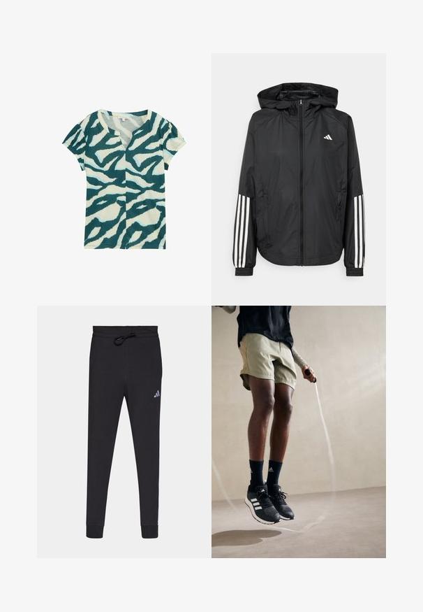 Mustikas kerge jope kapuutsiga, eesmise täispika zipiga, elastsete varrukate ja valgete kolme triibu aktsentidega varrukatel.; Lühikeste varrukatega T-särk pehme kangaga, millel on teal- ja kreemitooni abstraktne looma muster, V-kaelus ja kerge kogumine varrukatel.; Mustad mustad spordipüksid pehmest kangast, millel on nööriga vöökoht, kitsenevad jalad ja väike valge Adidas'i logo vasakul reiele.; Mustad mustad spordijalanõud valgete triipudega, oliivrohelised lühikesed püksid ja tumesinised sokid. Üksikisikul on käes hüppenöör. Neutraalne taust.