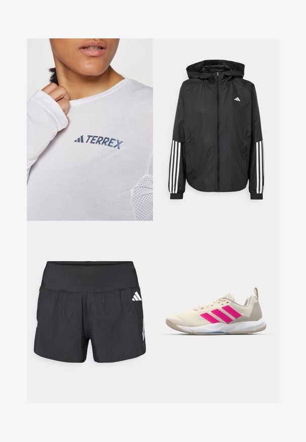 Black lightweight jacket with a hood, featuring a full zip front, elastic cuffs, and white three-stripe accents on sleeves.; White long-sleeve shirt featuring a blue "TERREX" logo. The fabric is lightweight with textured mesh accents on the shoulders.; Black athletic shorts featuring a wide elastic waistband, lightweight fabric, and white logo accents on the lower side.; Beige athletic shoe with pink three-stripe logo, textured mesh upper, padded collar, and white rubber sole, featuring "LIGHTSTRIKE" branding.