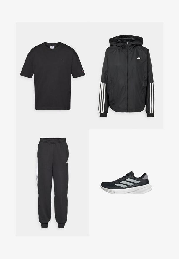 Černá lehká bunda s kapucí, která má plný zip vpředu, elastické manžety a bílé třípruhové akcenty na rukávech.; Černé bavlněné tričko s kulatým výstřihem, krátkými rukávy a malým vyšitým logem na hrudi a rukávu. Hladká textura, volný střih.; Černé sportovní kalhoty s elastickým pasem, zúženými kotníky a bílými bočními pruhy. Vyrobené z měkké tkaniny s hladkou strukturou.; Černé běžecké boty s vrchní částí z prodyšné síťoviny, třemi stříbrnými pruhy, bílou mezipodešví a texturovanou podešví. Obsahují polstrovaný límec a šněrování.