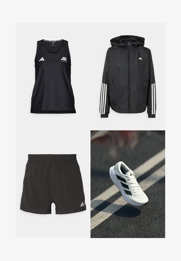 Veste légère noire avec capuche, dotée d'une fermeture à glissière intégrale, de poignets élastiques et d'accents blancs à trois rayures sur les manches.; Débardeur de sport noir en tissu respirant. Dispose d'un col rond, d'une coupe régulière et d'un logo Adidas blanc sur le devant.; Shorts de sport noirs en tissu léger. Dotés d'une taille élastique, d'une poche zippée sur le côté et d'un logo réfléchissant sur l'ourlet.; Chaussure de course blanche avec une tige texturée, design à trois rayures noires, col rembourré et semelle légère, positionnée en plein air au-dessus d'une surface routière.