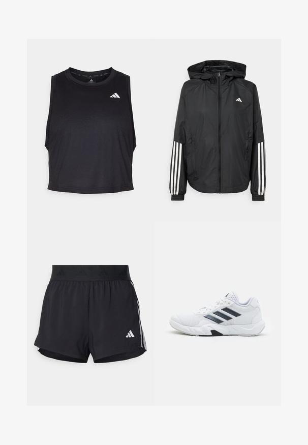 Fekete, könnyű dzseki kapucnival, teljes cipzárral, elasztikus mandzsettákkal és fehér, háromcsíkkal díszített ujjakon.; Fekete ujjatlan tréning crop top sima anyagból, lekerekített dekoltázzsal, kis fehér logóval a váll közelében.; Fekete sportnadrág rugalmas derékrésszel, texturált szalagon, oldalsó csíkokkal és fehér Adidas logóval az alsó szélén.; Fehér sportcipő, hálós felsőrésszel, az oldalon három fekete csíkkal, textúrázott részletekkel és egy tartós gumi talppal, amelynek ellentétes fekete szakasza van.