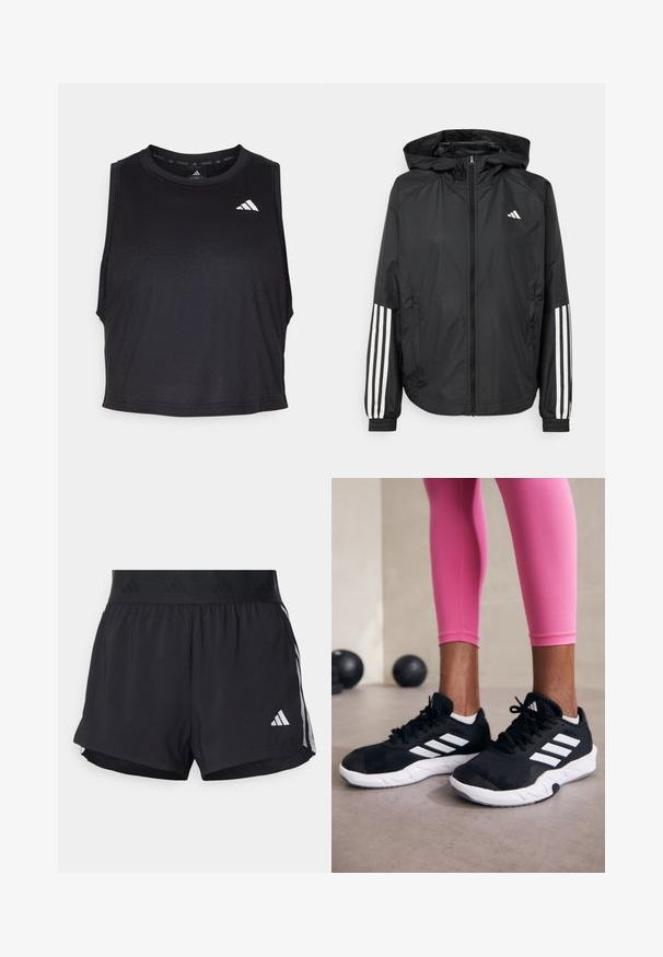 Melnā vieglā jaka ar kapuci, ar pilnu rāvējslēdzēju priekšā, elastīgām aprocēm un baltām trīs svītru akcentiem uz piedurknēm.; Melnas bez piedurknēm apmācību topiņš, izgatavots no gludas auduma, ar noapaļotu dekoltē un mazu baltu logotipu akcentu pie pleca.; Melni sporta šorti ar elastīgu jostu, ar teksturētu joslu, sānu svītrām un baltu Adidas logo apakšējā malu.; Melnas sporta kurpes ar baltām svītrām, teksturēta sieta augšdaļa un balta zole. Nēsātas ar rozā legingiem, demonstrējot treniņu apģērbu.