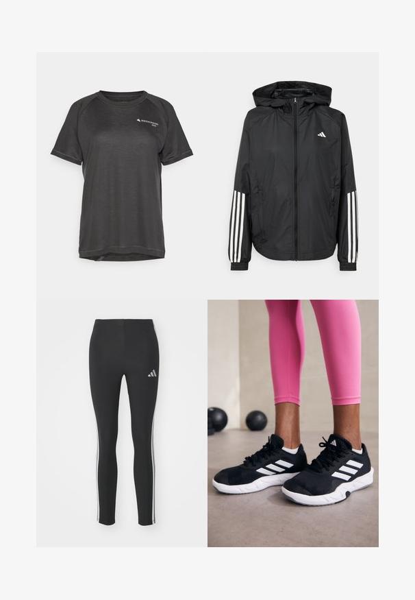 Črna lahka jakna s kapuco, z polnim zadrgo spredaj, elastikami na zapestjih in belimi tridelnimi poudarki na rokavih.; Sportna majica s kratkimi rokavi v temno sivi barvi, z teksturirano tkanino, raglan rokavi in majhno logo na sprednji levi strani.; Črne legice iz elastičnega materiala z belimi stranskimi črtami in majhnim odbojnim logotipom na zgornji levi strani.; Črne športne čevlje z belimi črtami, teksturirano mrežasto zgornjišče in belo podplat. Obuti z roza legginsom, ki prikazujejo športno obleko.