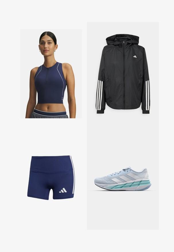Czarna, lekka kurtka z kapturem, z pełnym zapięciem na zamek, elastycznymi mankietami i białymi, trzema paskami na rękawach.; Granatowy sportowy crop top z pół zamkiem, bez rękawów, perforowany materiał dla lepszej oddychalności oraz białe akcenty przeszyć.; Granatowe szorty sportowe o obcisłym kroju, wykonane z gładkiego materiału, z białymi pasami po bokach i logo w dolnej lewej części.; Jasnoniebieskie buty sportowe z teksturowaną cholewką z dzianiny, białymi akcentami i przezroczystą zieloną podeszwą środkową. Okrągły czubek i wyściełany kołnierz.