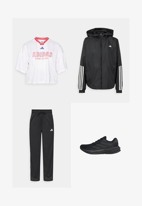 Black lightweight jacket with a hood, featuring a full zip front, elastic cuffs, and white three-stripe accents on sleeves.; White cropped jersey with red accents and stripes, featuring "ADIDAS SPORTSWEAR" in bold red lettering and blue logo detail on the collar.; Black mesh athletic pants with an elastic waistband, drawstring, and white logo on the left side. Features side pockets and a straight leg design.; Black athletic shoes with a mesh upper, streamlined shape, flat sole, and three diagonal stripes on the side. Lightweight design for comfort.