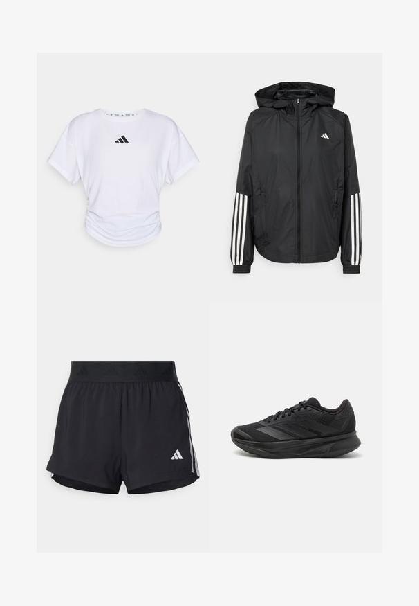 Schwarze, leichte Jacke mit Kapuze, die einen durchgehenden Reißverschluss, elastische Bündchen und weiße dreistreifige Akzente an den Ärmeln aufweist.; Weißes T-Shirt mit kurzen Ärmeln und Rundhalsausschnitt, das ein schwarzes Adidas-Logo auf der oberen Brust und eine geraffte Textur an der Taille aufweist.; Schwarze Sportshorts mit einem elastischen Bund, ausgestattet mit einem strukturierten Band, seitlichen Streifen und einem weißen Adidas-Logo am unteren Saum.; Schwarzer Laufschuh mit einem atmungsaktiven Mesh-Obermaterial, runder Zehenpartie, schlankem Design, strukturierten Akzenten und einer gepolsterten Sohle für Komfort.
