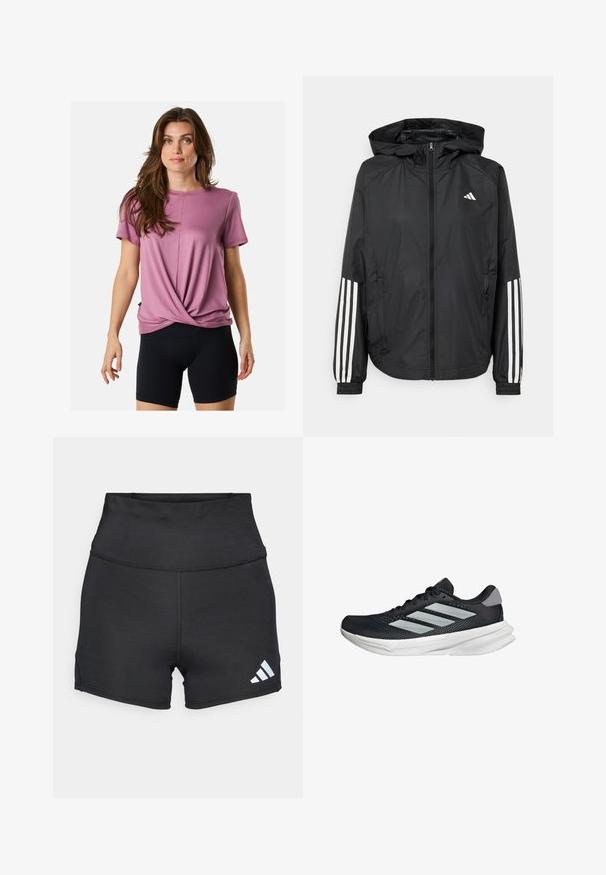 Zwarte lichtgewicht jas met een capuchon, met een volledige ritssluiting aan de voorkant, elastische manchetten en witte accenten met drie strepen op de mouwen.; Roze T-shirt met korte mouwen en een gedraaid ontwerp aan de voorkant, zachte stof, ronde halslijn, gecombineerd met zwarte fietsshorts.; adidas Performance Tights - black; Zwarte hardloopschoen met een mesh bovenzijde, drie zilveren strepen, witte middenzool en een gestructureerde loopzool. Heeft een gevoerde kraag en een vetersluiting.