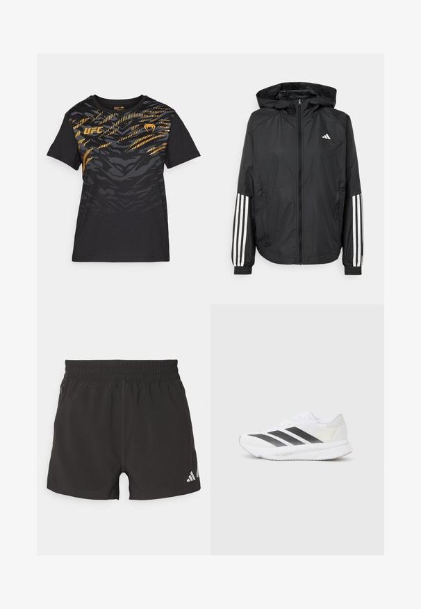 Czarna, lekka kurtka z kapturem, z pełnym zapięciem na zamek, elastycznymi mankietami i białymi, trzema paskami na rękawach.; Czarna koszulka z krótkim rękawem z teksturowanym, abstrakcyjnym wzorem w odcieniach żółci i szarości. Posiada logo marki z przodu. Wykonana z miękkiego materiału.; Czarne sportowe szorty wykonane z lekkiego materiału. Posiadają elastyczny pasek w talii, boczną kieszeń na zamek błyskawiczny oraz odblaskowe logo na dolnym brzegu.; Białe buty sportowe z czarnymi przekątnymi paskami, siateczkowa cholewka, zaokrąglony nos oraz teksturowana podeszwa. Akcenty obejmują srebrny obcas i minimalistyczny design.