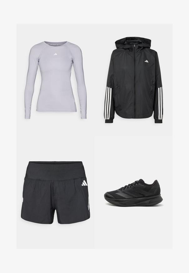 Musta kevyt takki hupparilla, jossa on täysipitkä vetoketju, elastiset hihansuut ja valkoiset kolmonauha-tyyliset yksityiskohdat hihoissa.; adidas Performance TF LS T - Pitkähihainen paita - glory grey; Musta urheilushortsit, joissa on leveä joustava vyötärönauha, kevyt kangas ja valkoiset logokoristeet alaosassa sivulla.; Mustat juoksukengät, joissa on hengittävä verkkoyläosa, pyöreä varvas, sulavalinjainen muotoilu, teksturoidut yksityiskohdat ja pehmustettu pohja mukavuutta varten.