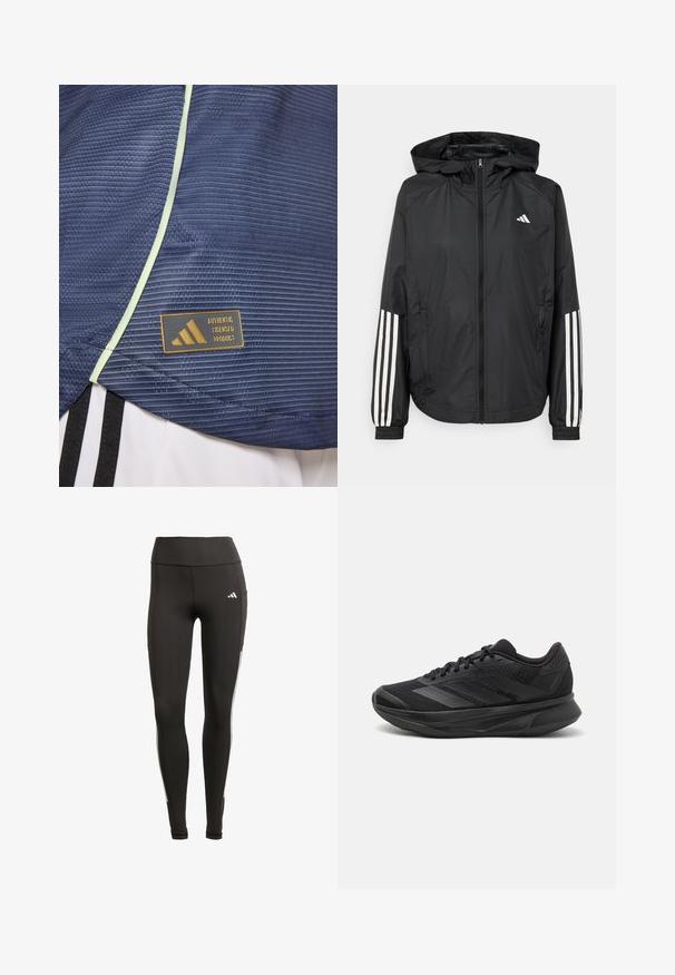 Zwarte lichtgewicht jas met een capuchon, met een volledige ritssluiting aan de voorkant, elastische manchetten en witte accenten met drie strepen op de mouwen.; Marine sportshirt met textuurpatroon, accentueert met lichtgroene piping en een Adidas gelicentieerd productlabel met een gouden logo.; Zwarte leggings van rekbaar materiaal, met een hoge tailleband, witte zijstrepen en een zijzak voor extra gemak.; Zwarte hardloopschoen met een ademende mesh bovenkant, ronde neus, slank ontwerp, textuuraccenten en een gevoerde zool voor comfort.
