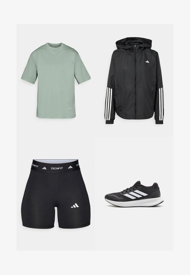 Mustikas kerge jope kapuutsiga, eesmise täispika zipiga, elastsete varrukate ja valgete kolme triibu aktsentidega varrukatel.; Kergelt roheline lühikeste varrukatega T-särk, mis on valmistatud pehmest kangast, ümar kaelus ja ees on peen logo trükitud. Lihtne, kastikujuline lõige.; Mustad mustad mustarid elastse materjaliga, millel on kehaümberpüüdmisel põhinev disain. Omab laia musta kummivöötlust, millel on kiri "TECHFIT" ja valge logo jalal.; Mustad must sportlik king, millel on võrkkangas ülaosa, ümmargune varvas ja kolm valget triipu külgedel. Kerge tallaga, millel on tekstuuriga kummist välistald haakumise tagamiseks.